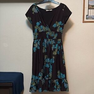 EShakti women’s dress Sz 12 Black with Blue Green Leaves pockets smocked waist 💚